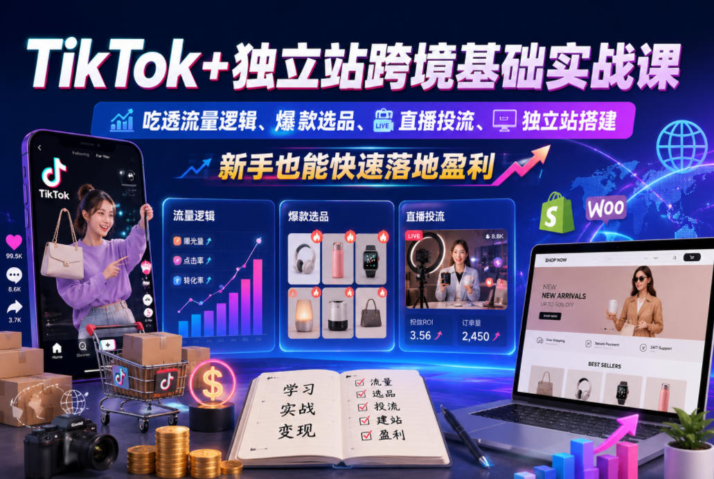 TikTok+独立站跨境基础实战课，吃透流量逻辑、爆款选品、直播投流与独立站搭建，新手也能快速落地盈利-hl998