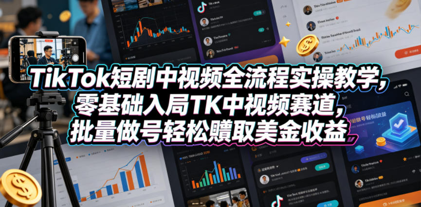 TikTok短剧中视频全流程实操教学，零基础入局TK中视频赛道，批量做号轻松賺取美金收益-hl998