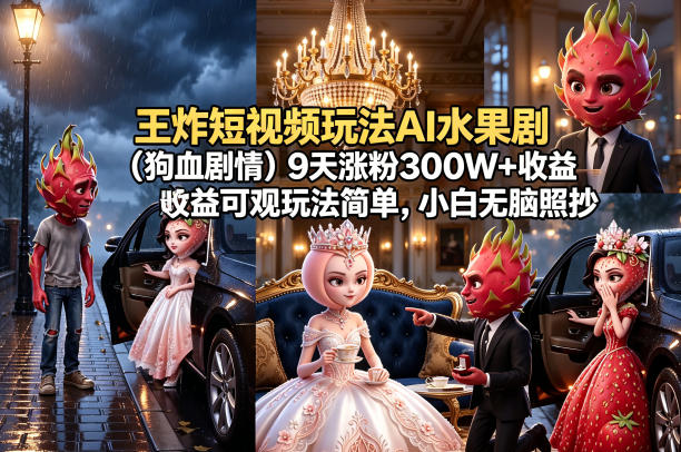 王炸短视频玩法AI水果剧(狗血剧情)9天涨粉300W+收益可观玩法简单，小白无脑照抄，详细拆解玩法-hl998