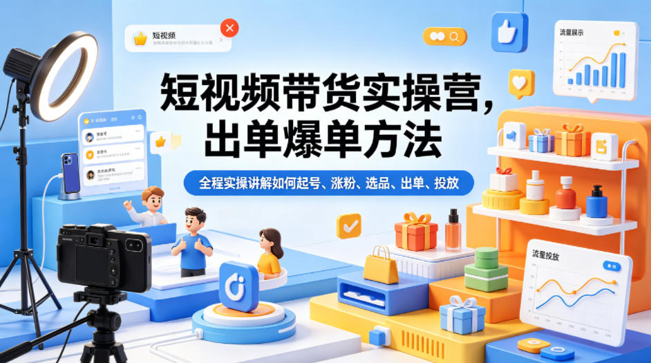 短视频带货实操营，出单爆单方法，全程实操讲解如何起号、涨粉、选品、出单、投放-hl998