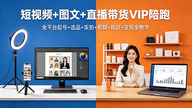 短视频+图文+直播带货VIP陪跑，全平台起号+选品+实拍+剪辑+投放+变现全教学-hl998