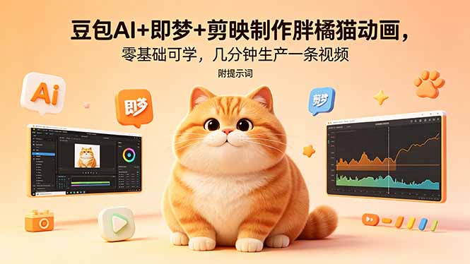 豆包AI+即梦+剪映制作胖橘猫动画，零基础可学，几分钟生产一条视频，附提示词-hl998