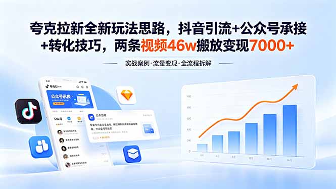 夸克拉新全新玩法思路，抖音引流+公众号承接+转化技巧，两条视频46w搬放 变现7000+-hl998