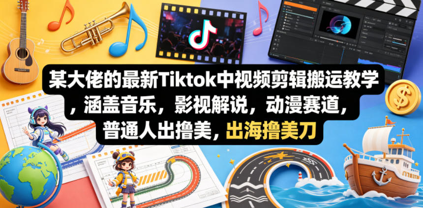某大佬的最新Tiktok中视频剪辑搬运教学，涵盖音乐，影视解说，动漫赛道，普通人出海撸美刀-hl998