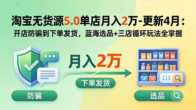 淘宝无货源5.0单店月入2万-更新5月：开店防骗到下单发货，蓝海选品+三店循环玩法全掌握-hl998