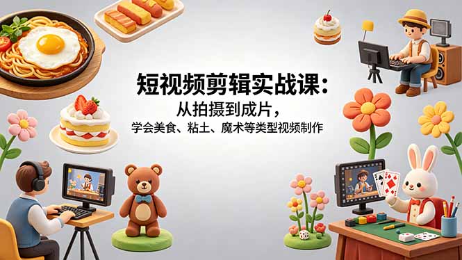 短视频剪辑实战课：从拍摄到成片，学会美食、粘土、魔术等类型视频制作-hl998