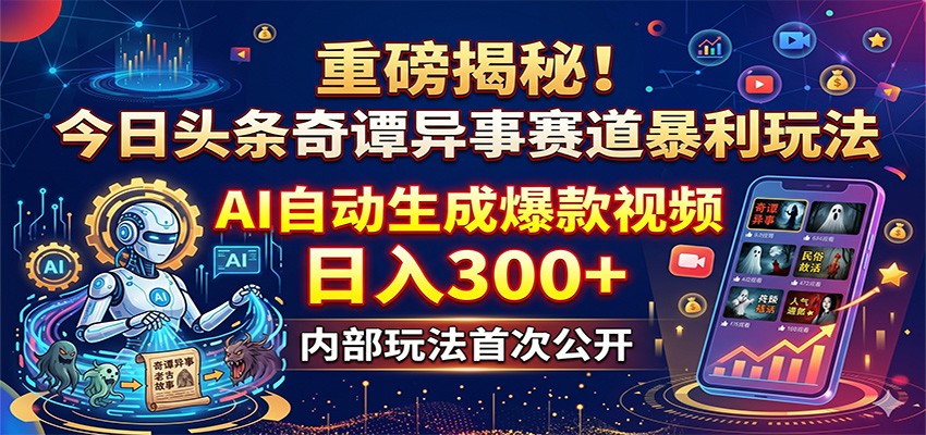 重磅揭秘！今日头条奇谭异事赛道暴利玩法：AI自动生成爆款视频，日入300+-hl998