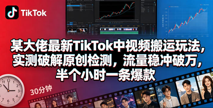 某大佬最新TikTok中视频搬运玩法，实测破解原创检测，流量稳冲破万，半个小时一条爆款-hl998