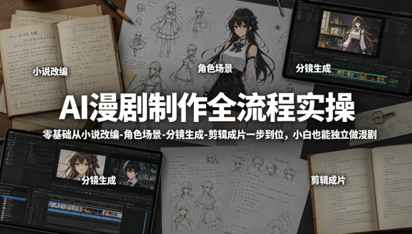 AI漫剧制作全流程实操，零基础从小说改编-角色场景-分镜生成-剪辑成片一步到位，小白也能独立做漫剧-hl998