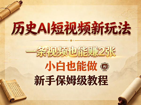 历史AI短视频新玩法，一条视频也能賺2张，小白也能做，新手保姆级教程-hl998