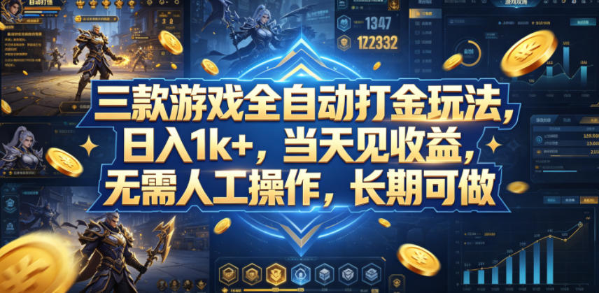 三款游戏全自动打金玩法，日入1k+，当天见收益，无需人工操作，长期可做【揭秘】-hl998