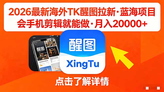 26年最新海外Tk醒图拉新，蓝海项目，会手机剪辑就可以做，月入20000＋-hl998