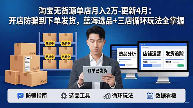 淘宝无货源5.0单店月入2万-更新4月：开店防骗到下单发货，蓝海选品+三店循环玩法全掌握-hl998