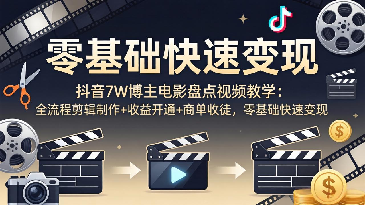 抖音7W博主电影盘点视频教学：全流程剪辑制作+收益开通+商单收徒，零基础快速变现-hl998