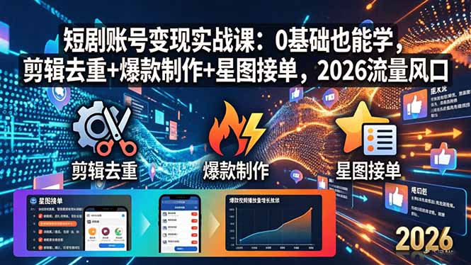 短剧账号变现实战课：0基础也能学，剪辑去重+爆款制作+星图接单，2026流量风口-hl998