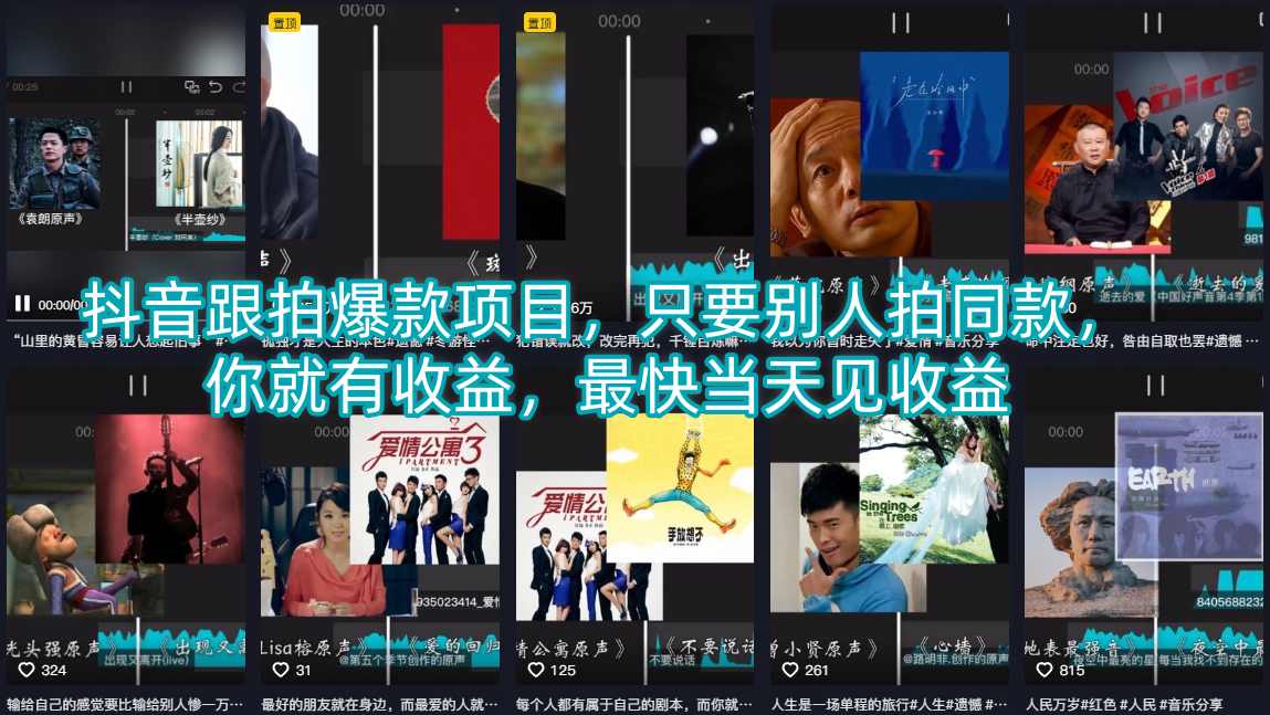 抖音跟拍爆款项目，只要别人拍同款，你就有收益，最快当天见收益-hl998