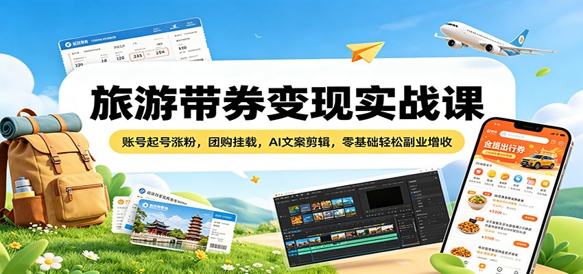旅游带券变现实战课：账号起号涨粉，团购挂载，AI文案剪辑，零基础轻松副业增收-hl998