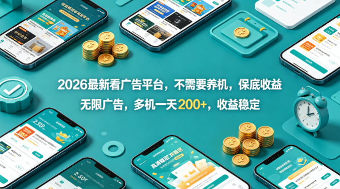 2026最新看广告平台，不需要养机，保底收益，无限广告，多机一天200+，收益稳定【揭秘】-hl998