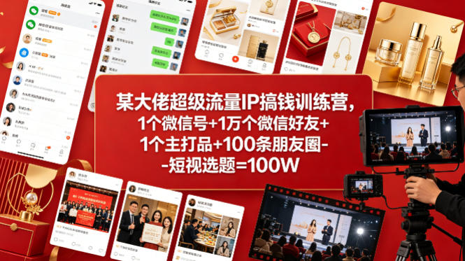 某大佬超级流量IP搞钱训练营，1个微信号+1万个微信好友+1个主打品+100条朋友圈-短视选题=100W-hl998