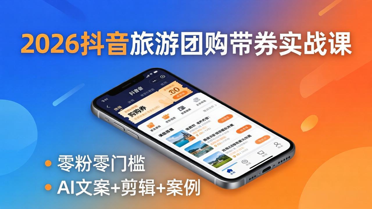 2026抖音旅游团购带券实战课：零粉零门槛，AI文案+剪辑+案例，躺着赚门票佣金-hl998
