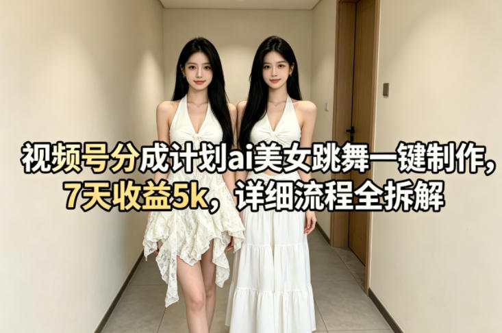 视频号分成计划ai美女跳舞一键制作，7天收益5k，详细流程全拆解-hl998