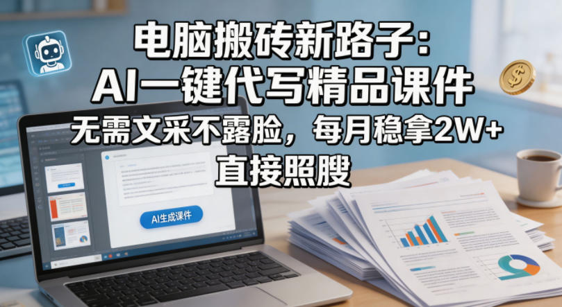 电脑搬砖新路子：AI一键代写精品课件，无需文采不露脸，每月稳拿2W+，直接照搬-hl998