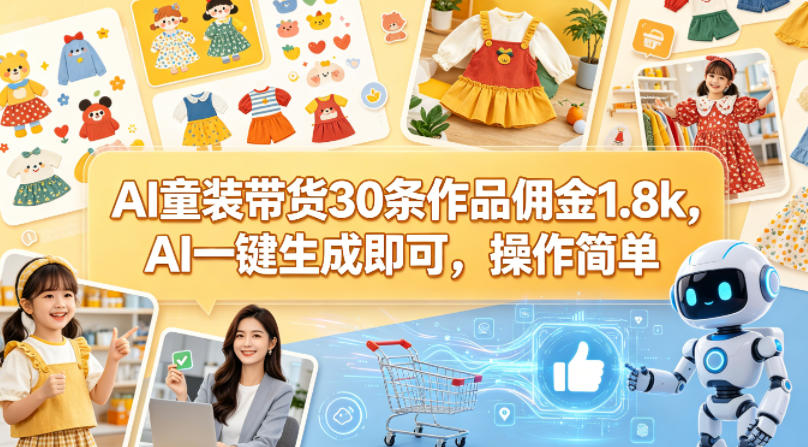 AI童装带货30条作品佣金1.8k，AI一键生成即可，操作简单-hl998