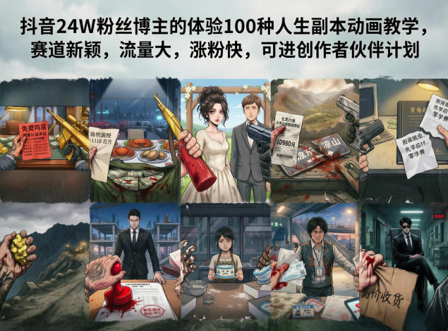 抖音24W粉丝博主的体验100种人生副本动画教学，赛道新颖，流量大，涨粉快，可进创作者伙伴计划-hl998
