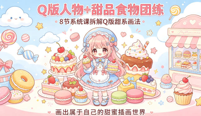 Q版人物+甜品食物团练，8节系统课拆解Q版甜系画法，画出属于自己的甜蜜插画世界-hl998