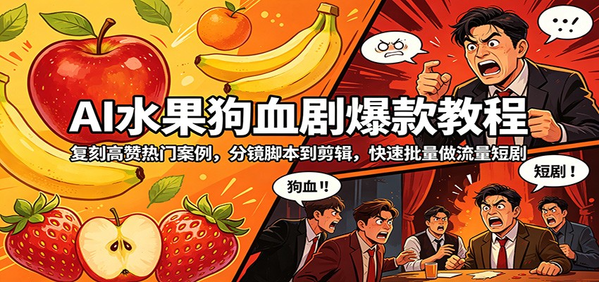 AI水果狗血剧爆款教程：复刻高赞热门案例，分镜脚本到剪辑，快速批量做流量短剧-hl998