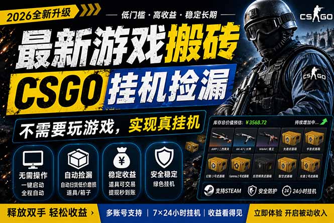 最新游戏搬砖，CSGO纯挂机，不需要玩游戏，实现真挂机，月入1W+，五一小高峰上车可吃肉，...-hl998