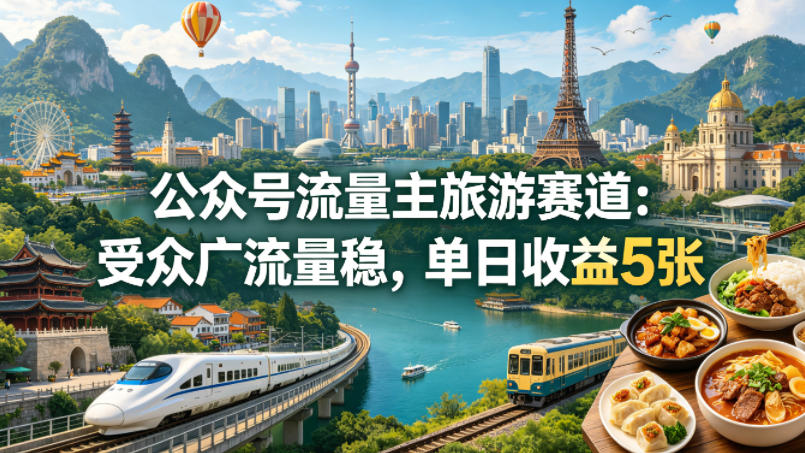公众号流量主之旅游赛道，受众广+流量稳，平均单日收益5张+-hl998