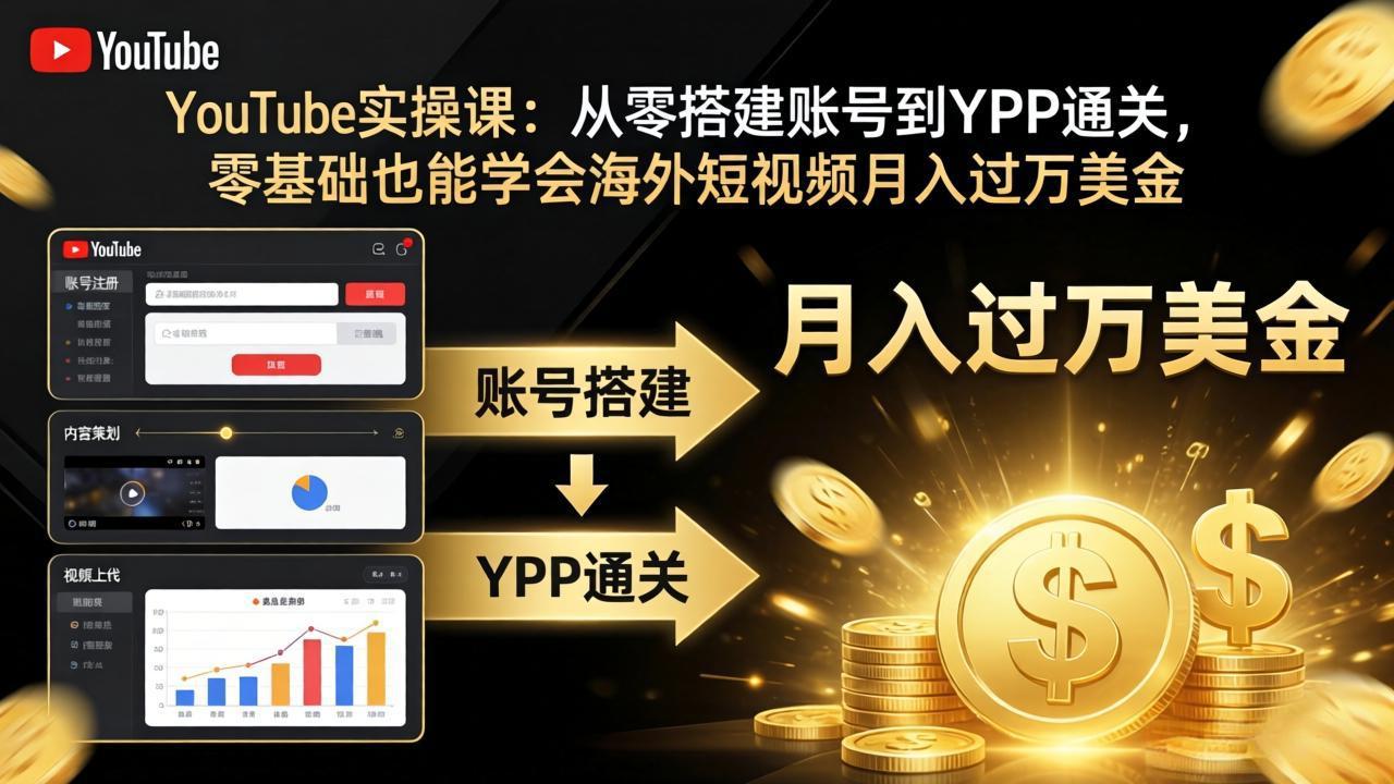 YouTube实操课：从零搭建账号到YPP通关，零基础也能学会海外短视频月入过万美金-hl998