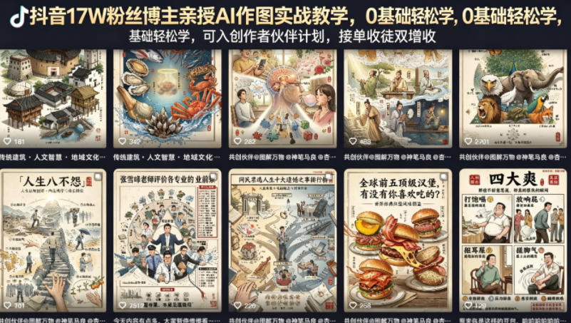 抖音17W粉丝博主亲授AI作图实战教学，0基础轻松学，可入创作者伙伴计划，接单收徒双增收-hl998