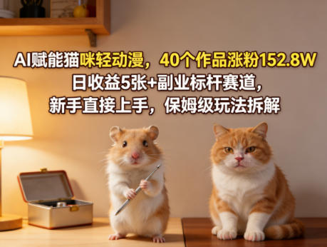 AI赋能猫咪轻动漫，40个作品涨粉152.8W，日收益5张+副业标杆赛道，新手直接上手，保姆级玩法拆解-hl998