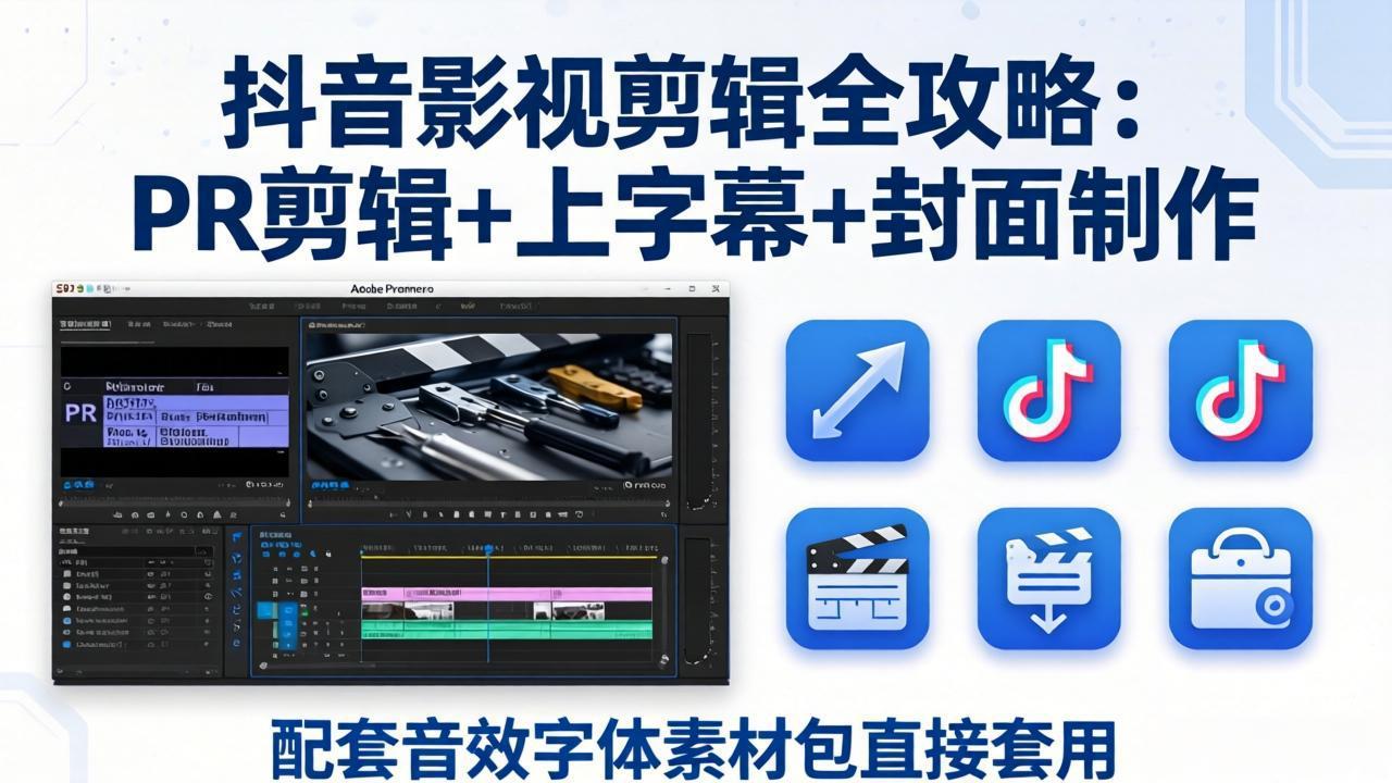 抖音影视剪辑全攻略：PR剪辑+上字幕+封面制作，配套音效字体素材包直接套用-hl998