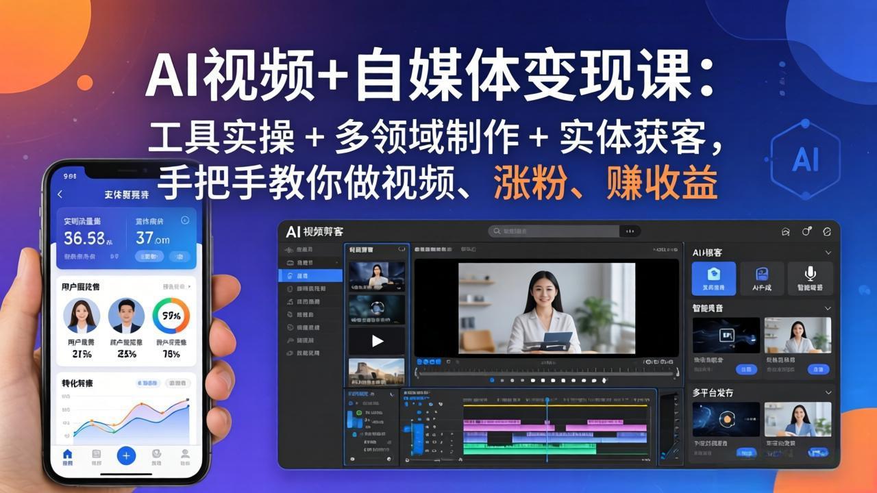 AI视频+自媒体变现课：工具实操 + 多领域制作 + 实体获客，手把手教你做视频、涨粉、赚收益-hl998