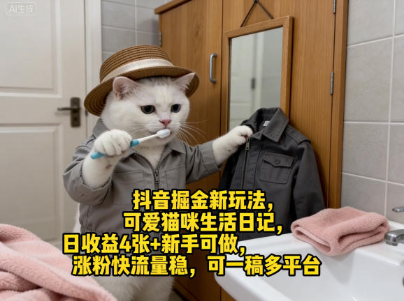 抖音掘金新玩法，可爱猫咪生活日记，日收益4张+新手可做，涨粉快流量稳，可一稿多平台-hl998