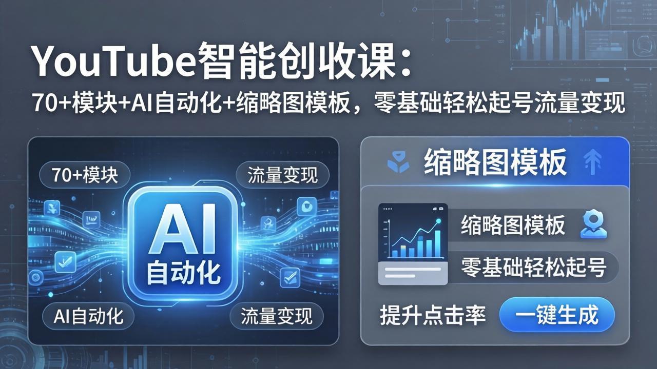 YouTube智能创收课：70+模块+AI自动化+缩略图模板，零基础轻松起号流量变现-hl998