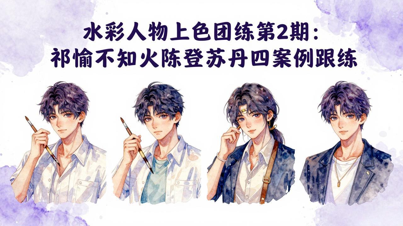 水彩人物上色团练第2期：祁煜不知火陈登苏丹四案例跟练，手把手提升绘画能力-hl998