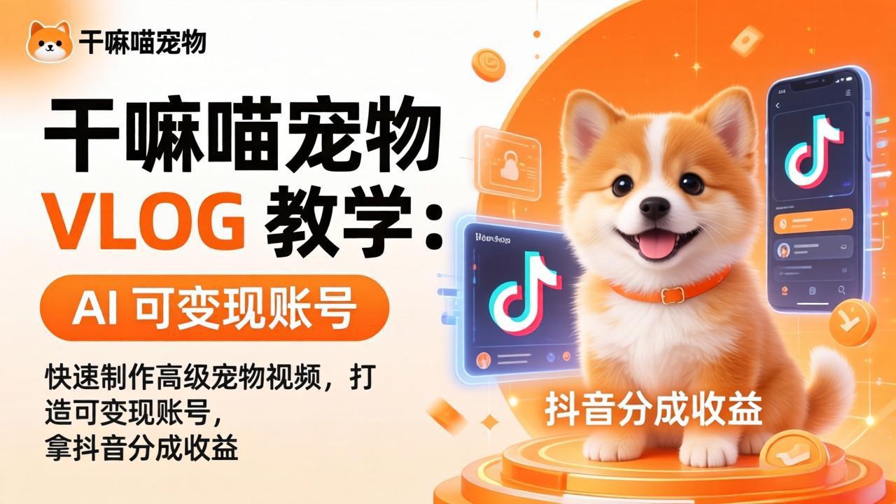 干嘛喵宠物 VLOG 教学：AI 快速制作高级宠物视频，打造可变现账号，拿抖音分成收益-hl998