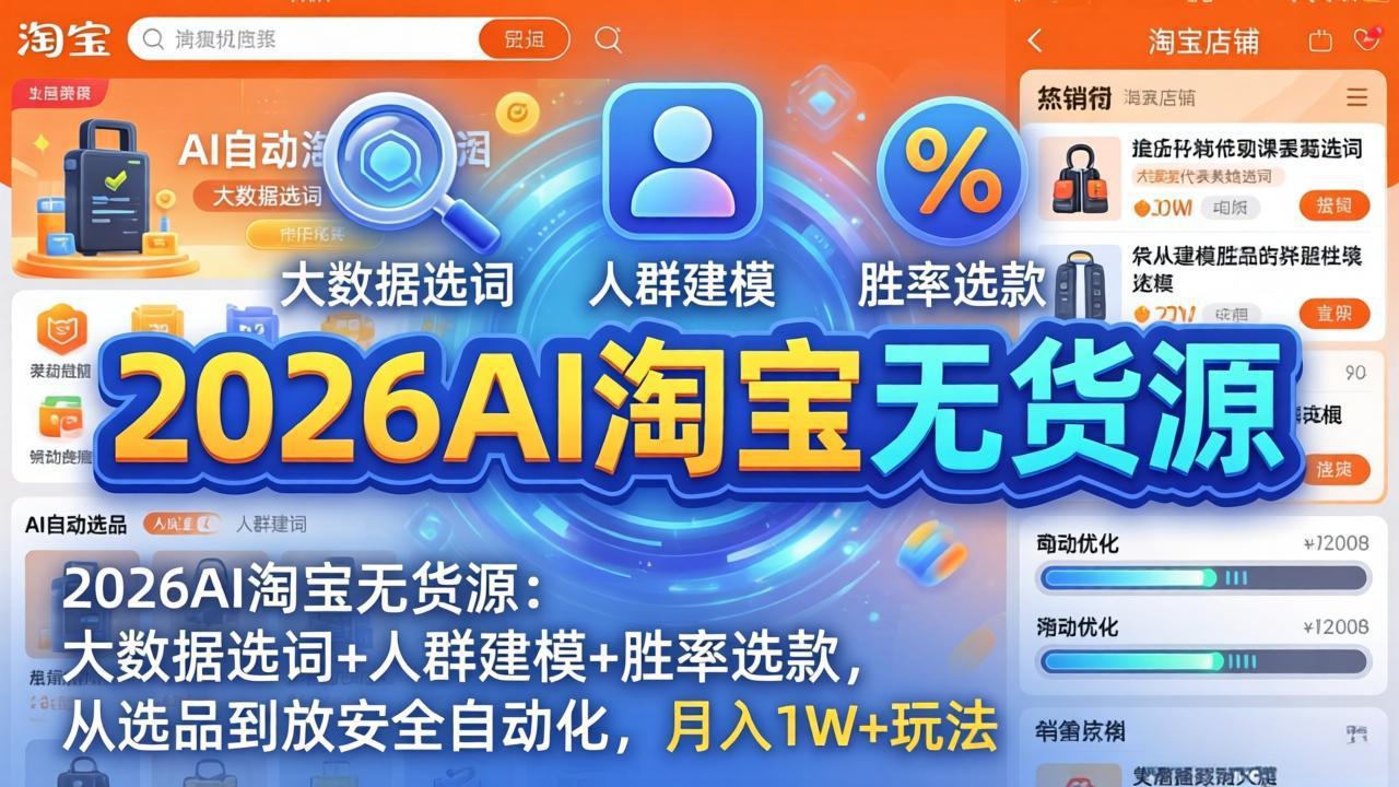 2026AI淘宝无货源-4月更新：大数据选词+人群建模+胜率选款，从选品到放大全自动化，月入1W+玩法-hl998