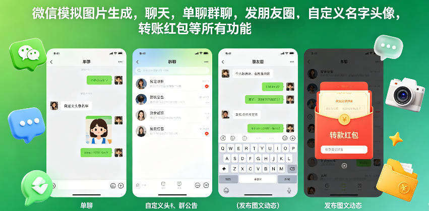 微信模拟图片生成，聊天，单聊群聊，发朋友圈，自定义名字头像，转账红包等所有功能都可以生成-hl998