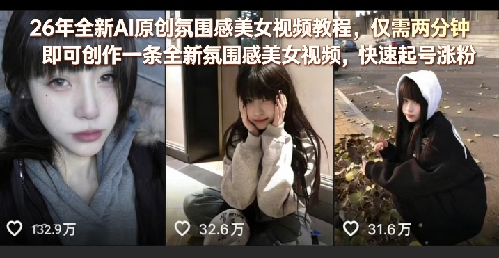 26年全新AI原创氛围感美女视频教程，仅需两分钟即可创作一条全新氛围感美女视频，快速起号涨粉-hl998