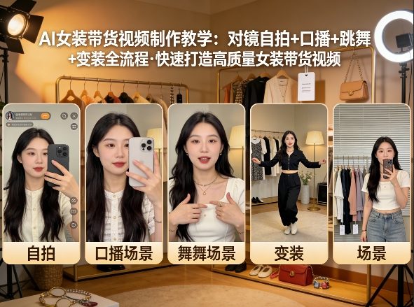 AI女装带货视频制作教学，对镜自拍、口播、跳舞、变装全流程，快速打造高质量女装带货视频-hl998