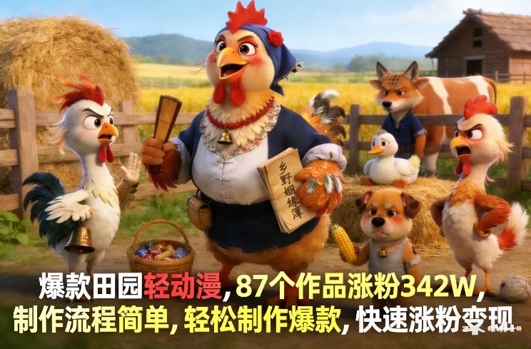 爆款田园轻动漫，87个作品涨粉342W，制作流程简单，轻松制作爆款，快速涨粉变现-hl998