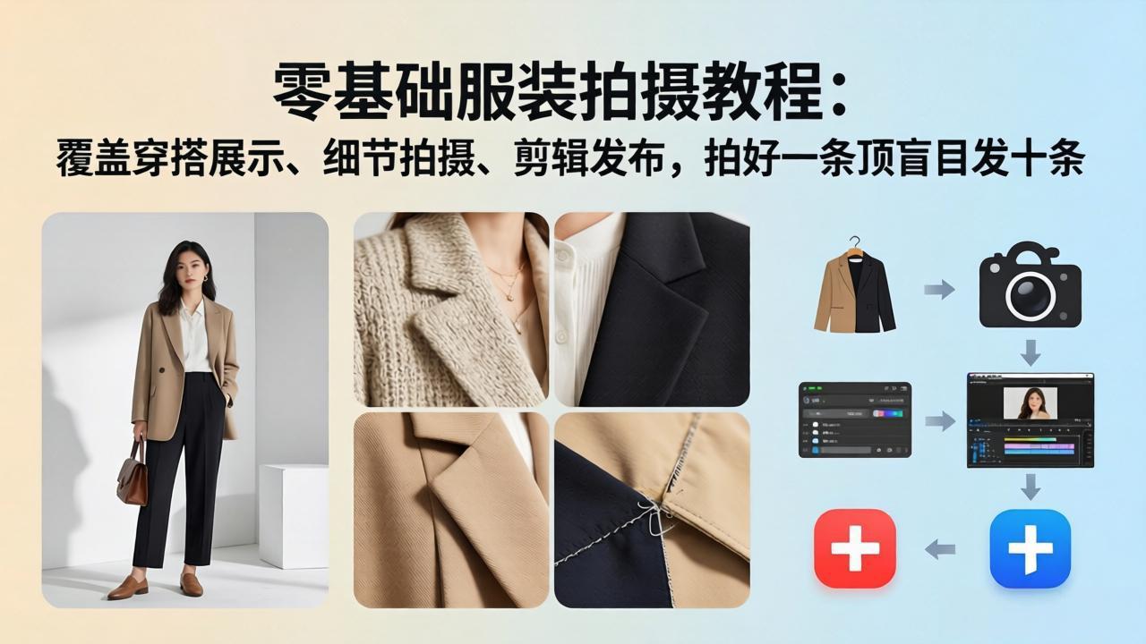 零基础服装拍摄教程：覆盖穿搭展示、细节拍摄、剪辑发布，拍好一条顶盲目发十条-hl998
