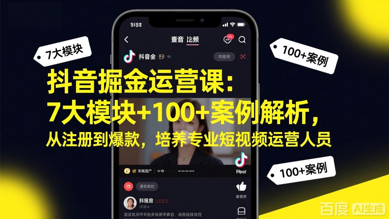 抖音掘金运营课：7大模块+100+案例解析，从注册到爆款，培养专业短视频运营人员-hl998