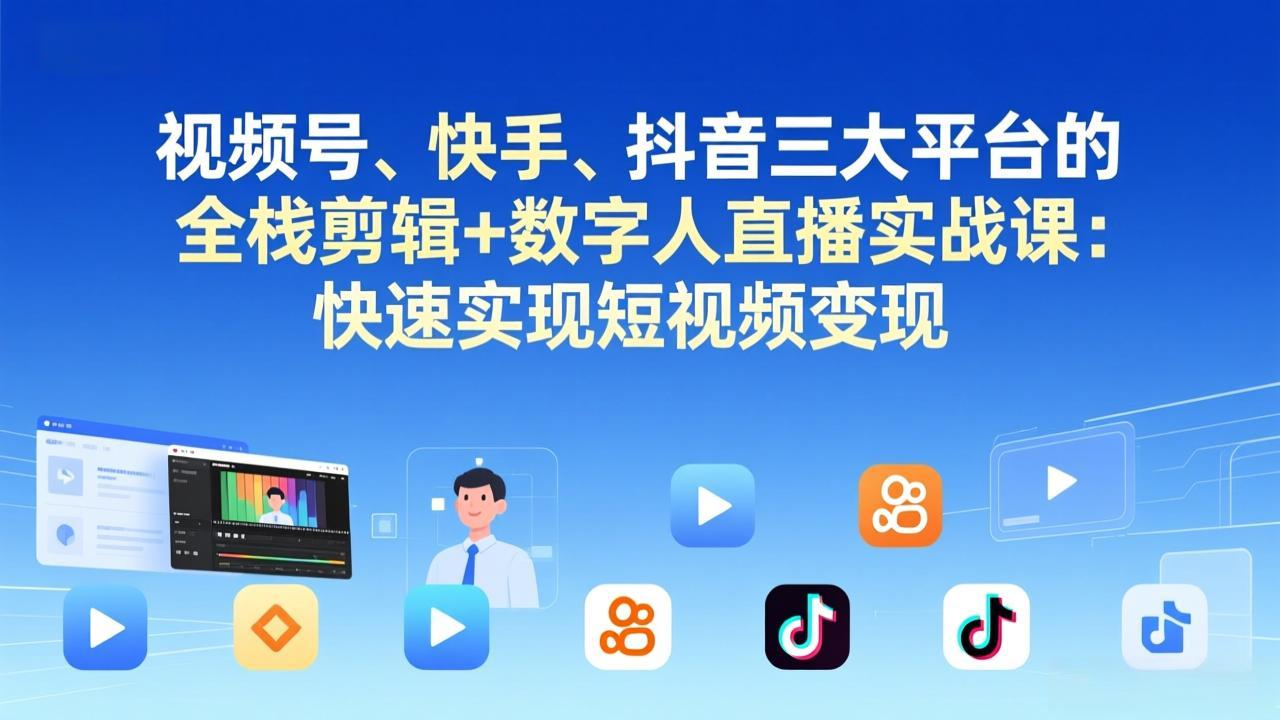 视频号+快手+抖音三大平台的全栈剪辑+数字人直播实战课-3月更新：快速实现短视频变现-hl998