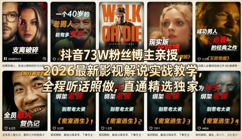 抖音73W粉丝博主亲授，2026最新影视解说实战教学，全程听话照做，直通精选独家-hl998